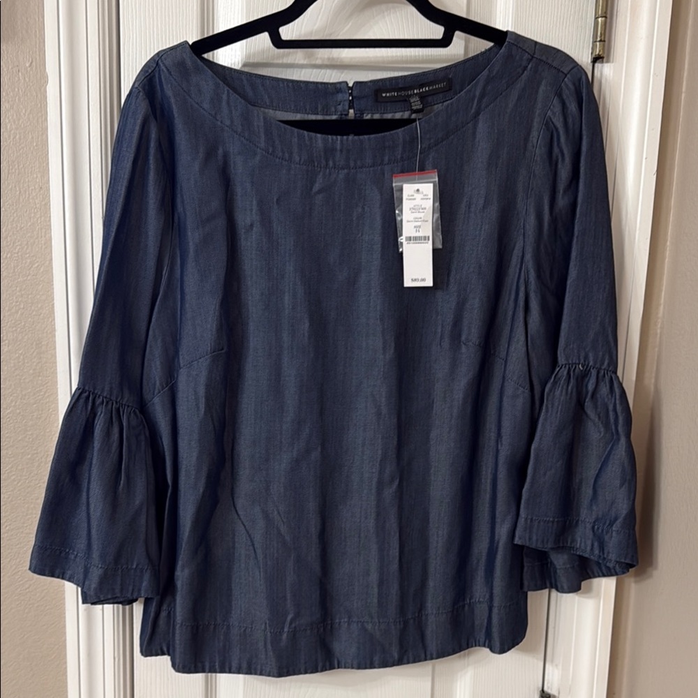 Blue Asymmetrical Ruffled Bell Sleeve Blouse